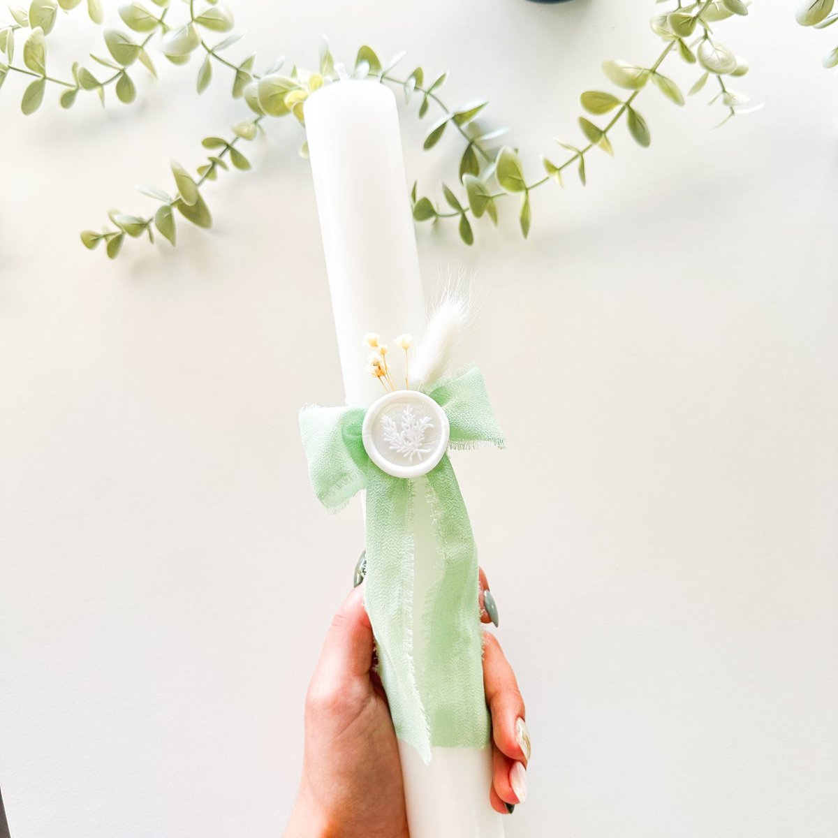 Vela de Batismo com Laço Verde-Água